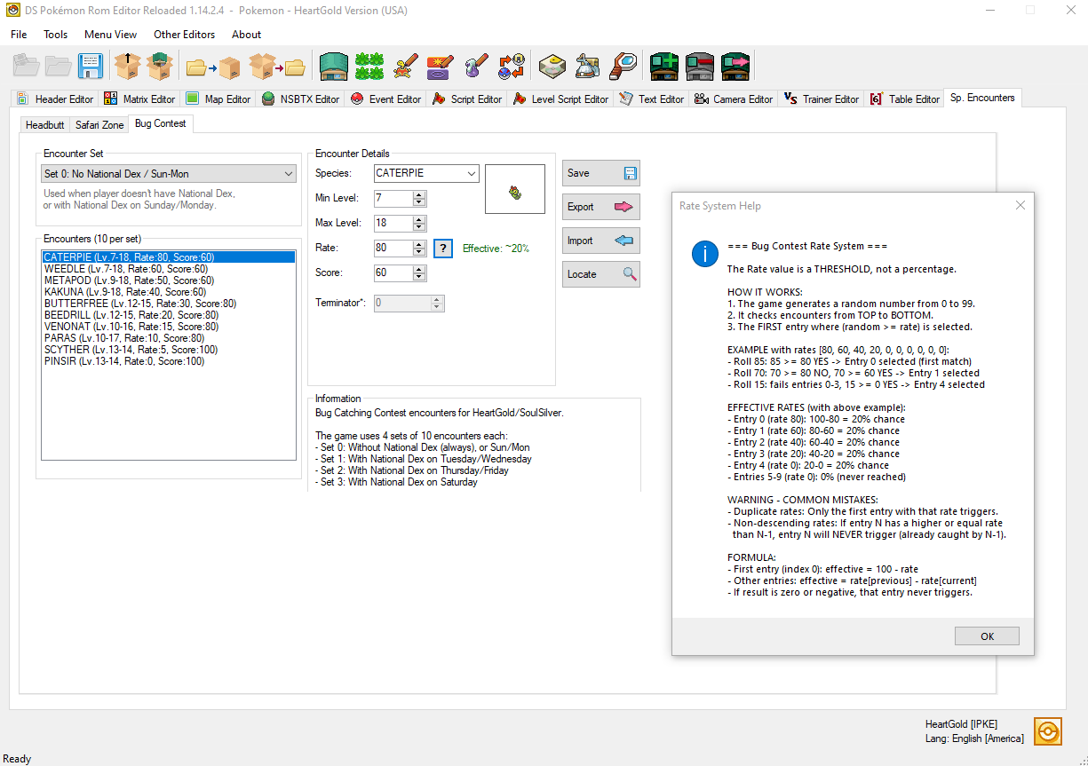 DSPRE Rate System Help dialog explaining the threshold mechanic