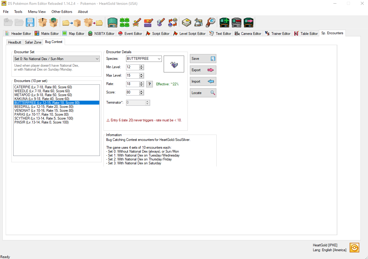 DSPRE rate ordering warning, showing "Entry 5 (rate 20) never triggers - rate must be < 18."