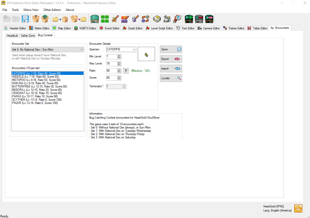 DSPRE Bug Contest Editor showing Set 0 with Caterpie selected