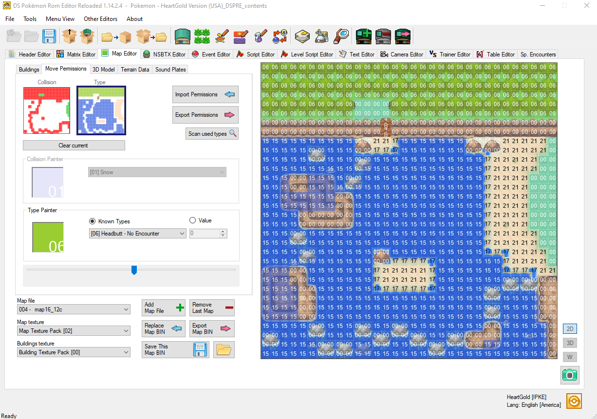 DSPRE Permission Type Painter showing 0x06 on trees